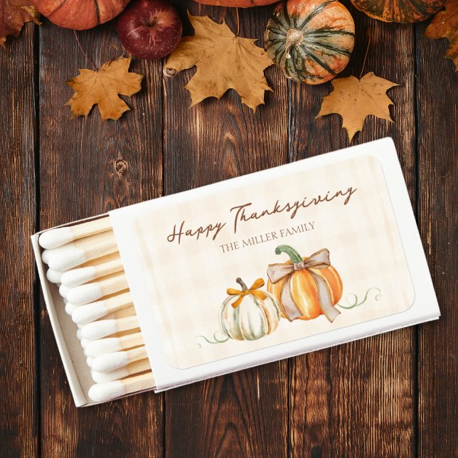 "Happy Thanksgiving" Pumpkin & Bows Personalized Matchboxes (Celebrate Thanksgiving with this charming matchbox featuring pumpkins and your family’s name.)