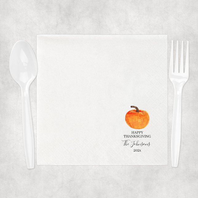 Happy Thanksgiving Pumpkin Custom Family Name Napkins (Elegant Script Typography Family Thanksgiving Napkins
)