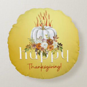Happy Thanksgiving Pumpkin Fall Floral Yellow Round Pillow