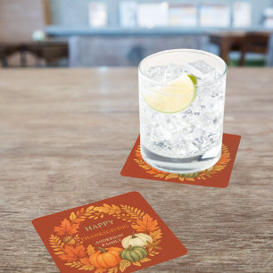 Happy Thanksgiving pumpkin fall terracotta Square Paper Coaster