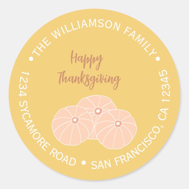Happy Thanksgiving Pumpkin Family Return Address Classic Round Sticker (Front)