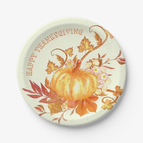 Happy Thanksgiving Pumpkin Leaves Asters Paper Plates