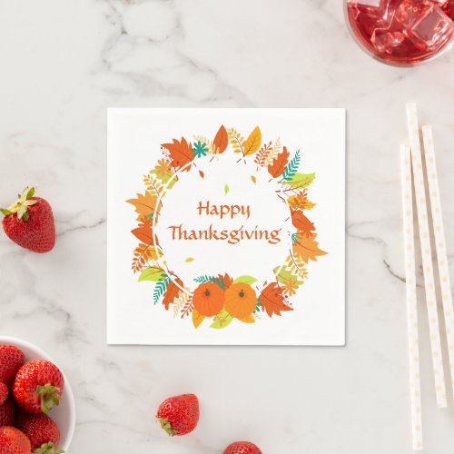 Happy Thanksgiving Pumpkin Leaves Fall Autumn Napkins