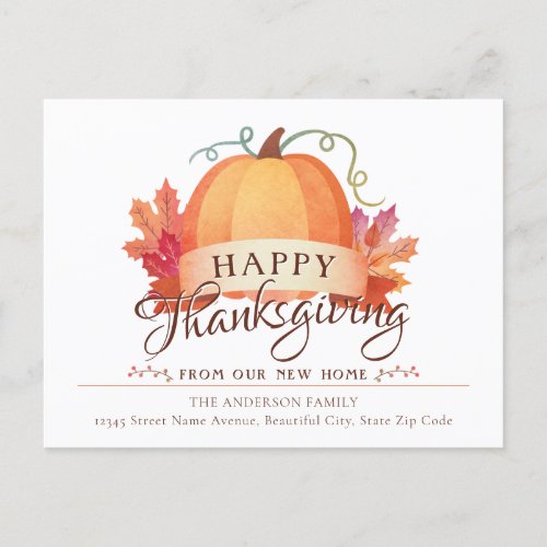 Happy Thanksgiving Pumpkin New Home Address Moving Announcement Postcard