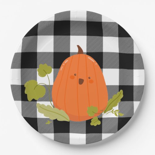 Happy Thanksgiving Pumpkin On Plaid Paper Plates