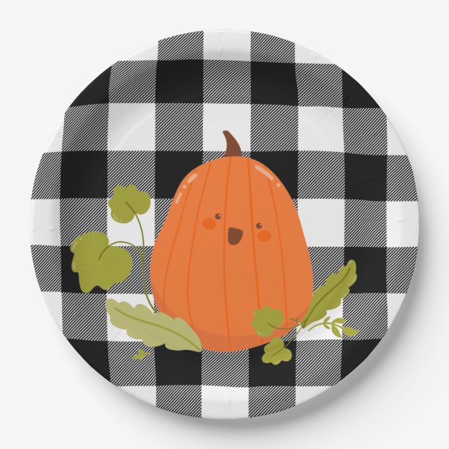 Happy Thanksgiving Pumpkin On Plaid Paper Plates (Front)