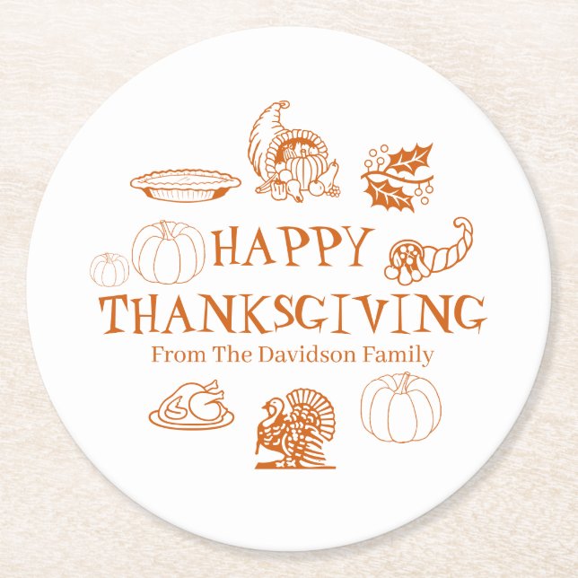 Happy Thanksgiving pumpkin pie custom name Round Paper Coaster (Front)