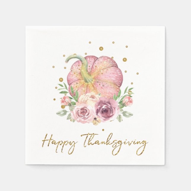 Happy Thanksgiving Pumpkin Pink Gold Napkins (Front)