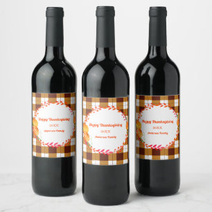 Happy Thanksgiving Pumpkin Plaid Brown White Wine Label