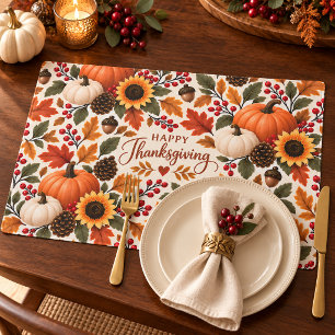 Happy Thanksgiving Pumpkin Sunflower Fall Floral Cloth Placemat