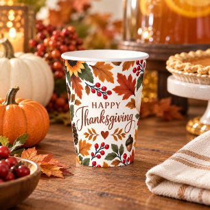 Happy Thanksgiving Pumpkin Sunflower Fall Floral Paper Cups