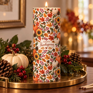 Happy Thanksgiving Pumpkin Sunflower Fall Floral Pillar Candle