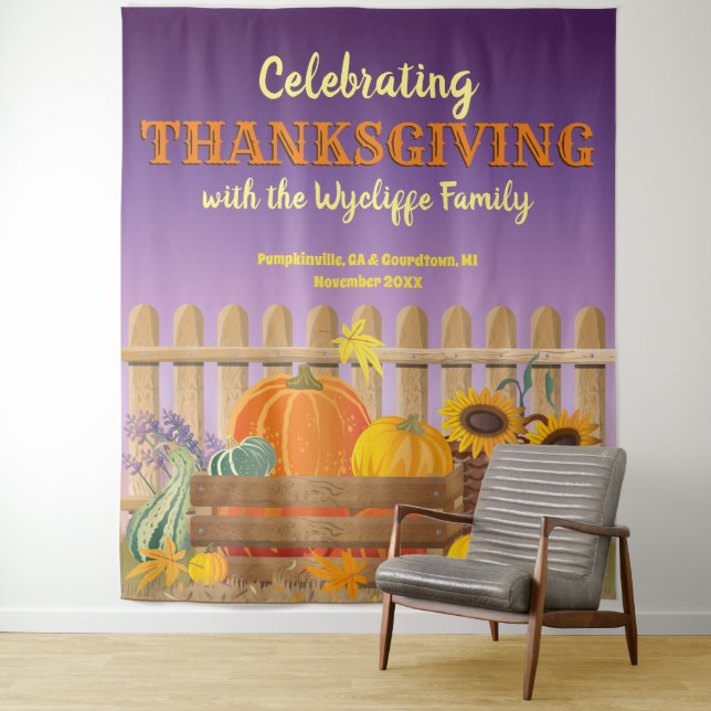 Happy Thanksgiving Pumpkin Sunflower Fall Leaves Tapestry (In Situ)