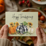 Happy Thanksgiving Pumpkin Sunflower Postcard<br><div class="desc">This design was created through digital art. It may be personalized by clicking the customize button and changing the color, adding a name, initials or your favorite words. Contact me at colorflowcreations@gmail.com if you with to have this design on another product. See more of my creations or follow me at...</div>