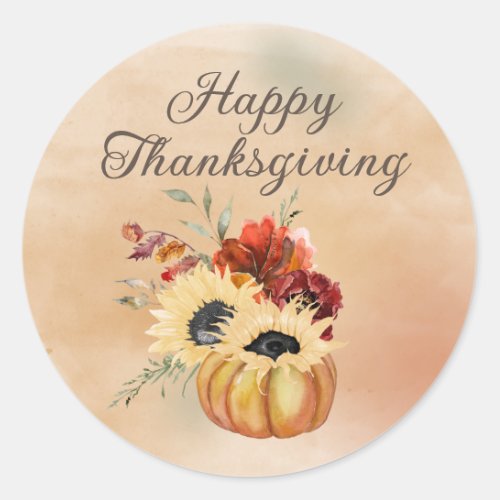 Happy Thanksgiving Pumpkin Sunflowers Botanical   Classic Round Sticker