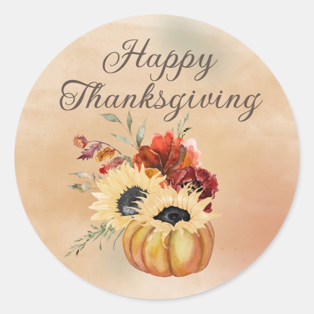 Happy Thanksgiving Pumpkin Sunflowers Botanical   Classic Round Sticker (Front)