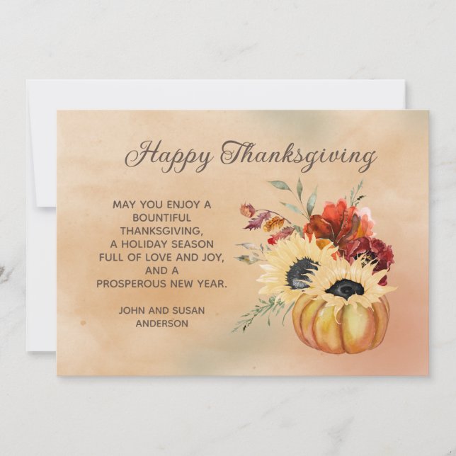 Happy Thanksgiving Pumpkin Sunflowers Botanical  Holiday Card (Front)
