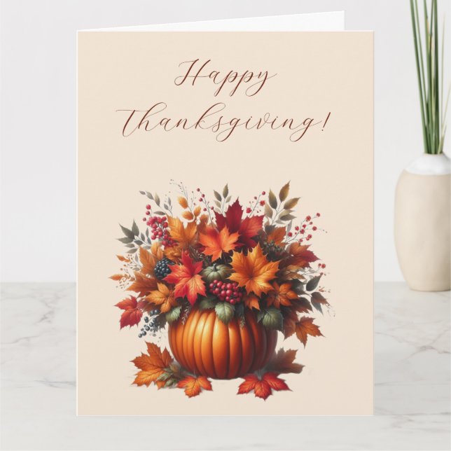 Happy Thanksgiving-Pumpkin with Fall Leaves Card (Front)