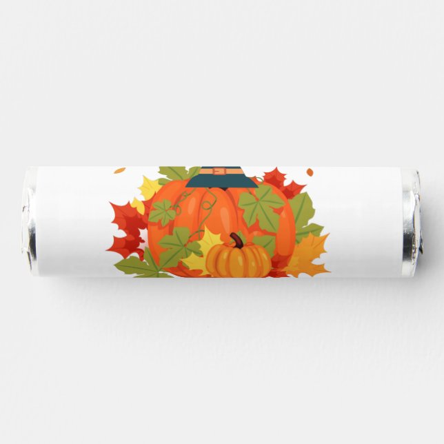 Happy Thanksgiving Pumpkin with Hats and Leaves Breath Savers® Mints (Front)