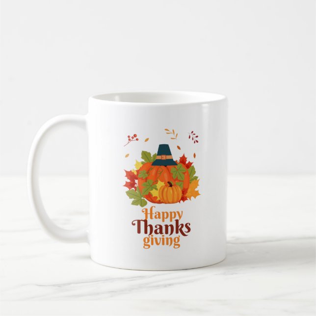 Happy Thanksgiving Pumpkin with Hats  and Leaves Coffee Mug (Left)