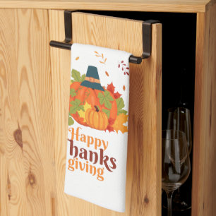 Happy Thanksgiving Pumpkin with Hats and Leaves Kitchen Towel