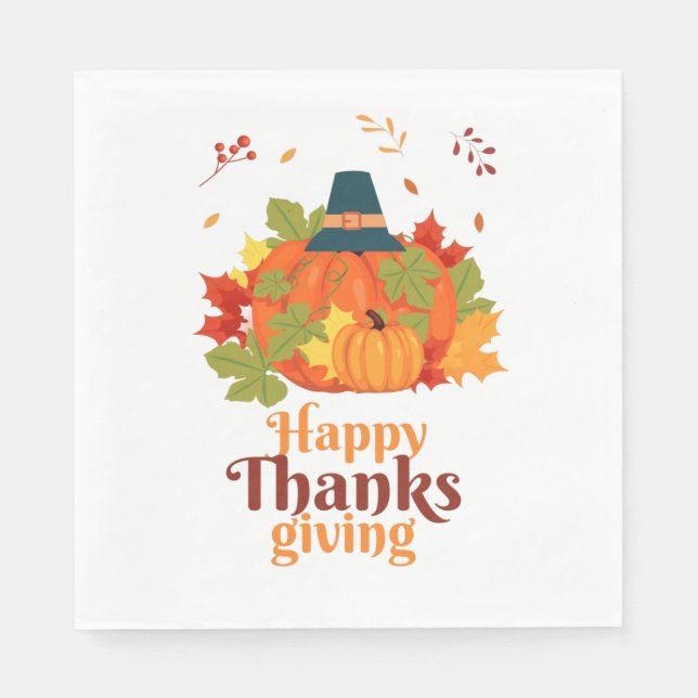 Happy Thanksgiving Pumpkin with Hats  and Leaves  Napkins (Front)