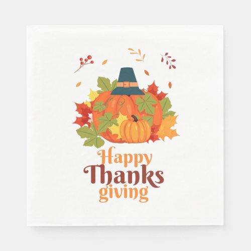 Happy Thanksgiving Pumpkin with Hats  and Leaves  Napkins