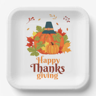 Happy Thanksgiving Pumpkin with Hats and Leaves P Paper Plates