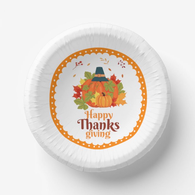 Happy Thanksgiving Pumpkin with Hats  and Leaves   Paper Bowls (Front)