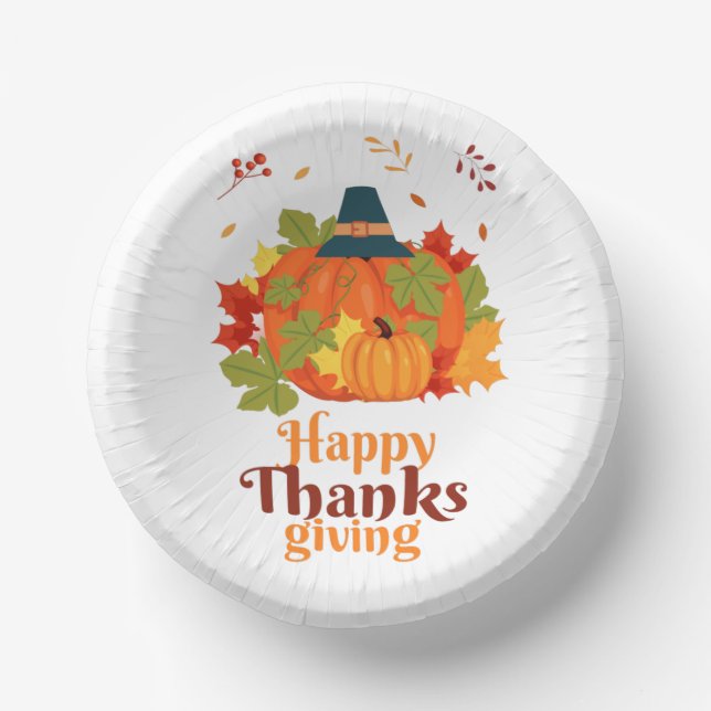Happy Thanksgiving Pumpkin with Hats  and Leaves Paper Bowls (Front)