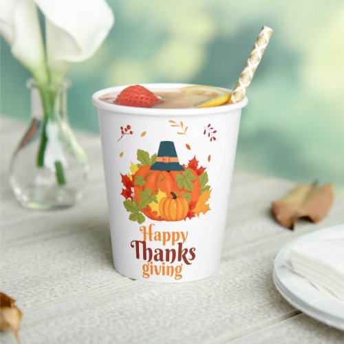 Happy Thanksgiving Pumpkin with Hats and Leaves  Paper Cups