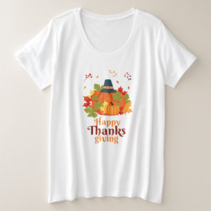 Happy Thanksgiving Pumpkin with Hats and Leaves Plus Size T-Shirt