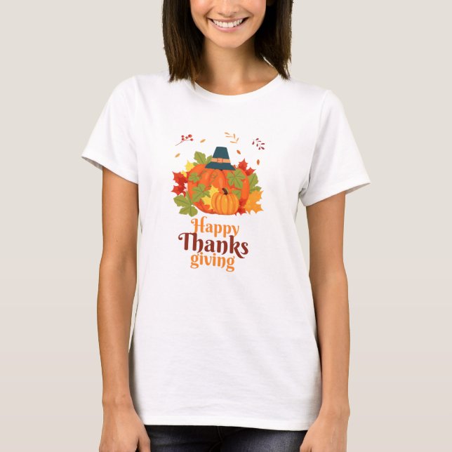 Happy Thanksgiving Pumpkin with Hats  and Leaves   T-Shirt (Front)