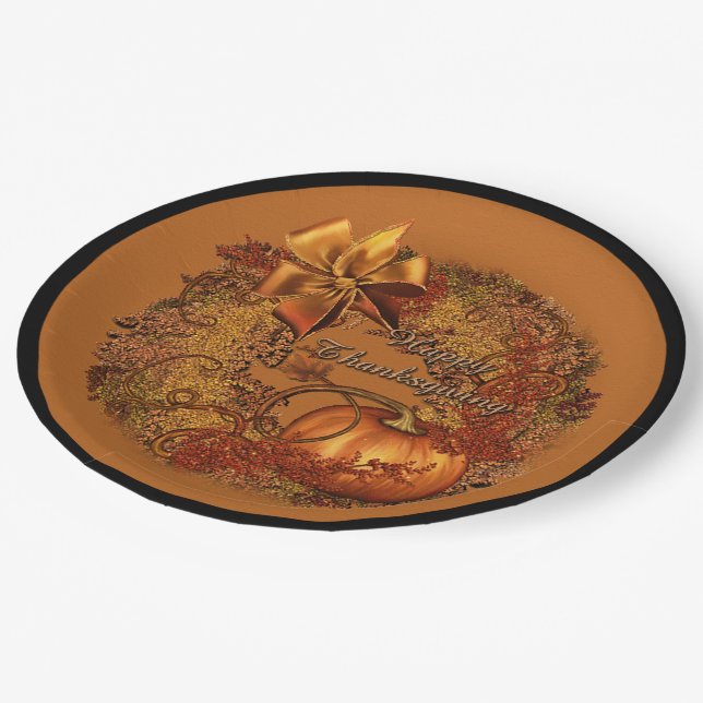 Happy Thanksgiving Pumpkin Wreath Paper Plates (Angled)