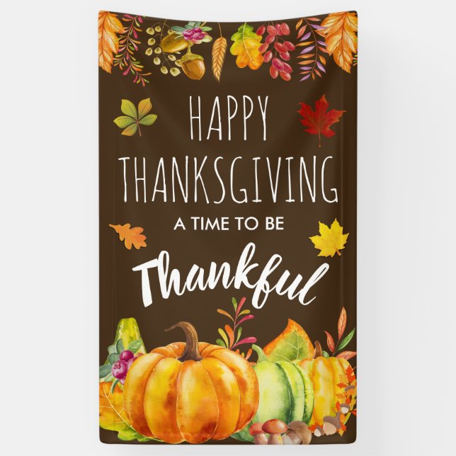 Happy Thanksgiving Pumpkins and Autumn Foliage Banner (Vertical)
