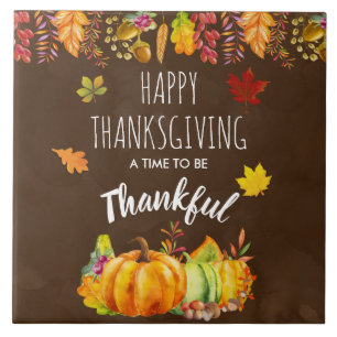 Happy Thanksgiving Pumpkins and Autumn Foliage Ceramic Tile