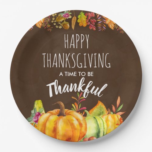 Happy Thanksgiving Pumpkins and Autumn Foliage Paper Plates