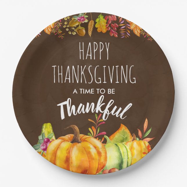 Happy Thanksgiving Pumpkins and Autumn Foliage Paper Plates (Front)