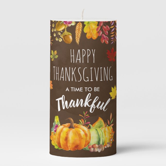 Happy Thanksgiving Pumpkins and Autumn Foliage Pillar Candle (Front)