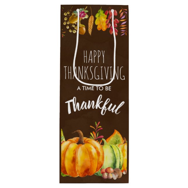 Happy Thanksgiving Pumpkins and Autumn Foliage Wine Gift Bag (Front)