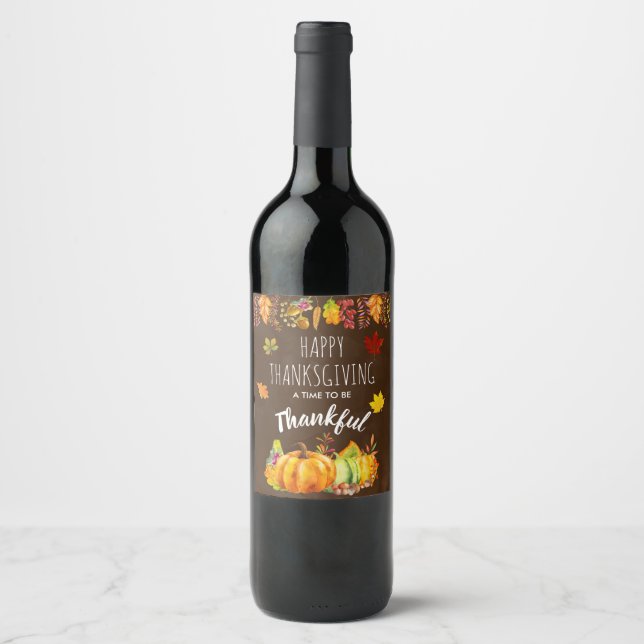 Happy Thanksgiving Pumpkins and Autumn Foliage Wine Label (Front)