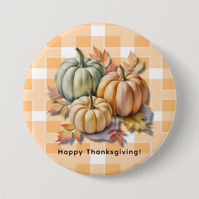 Happy Thanksgiving Pumpkins & Autumn Leaves Button (Front)