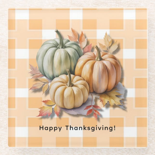 Happy Thanksgiving Pumpkins & Autumn Leaves Glass Coaster (Front)