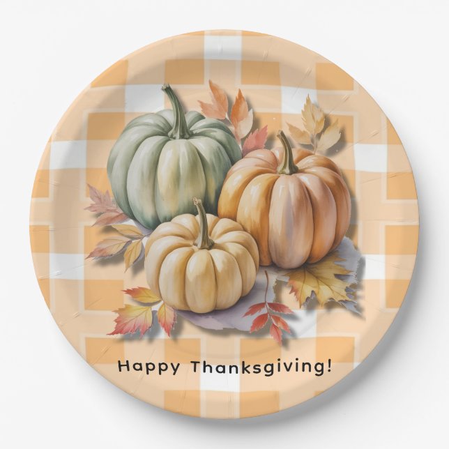 Happy Thanksgiving Pumpkins & Autumn Leaves Paper Plates (Front)
