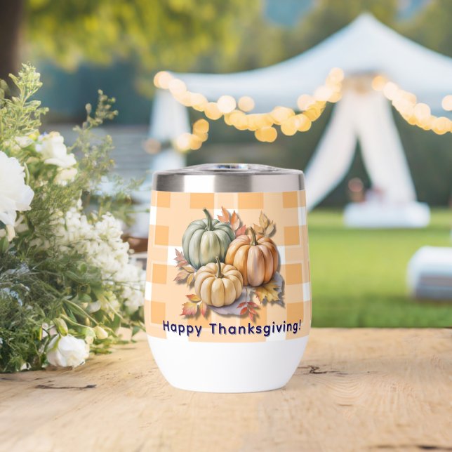 Happy Thanksgiving Pumpkins & Autumn Leaves Thermal Wine Tumbler (Wedding (Rotated))