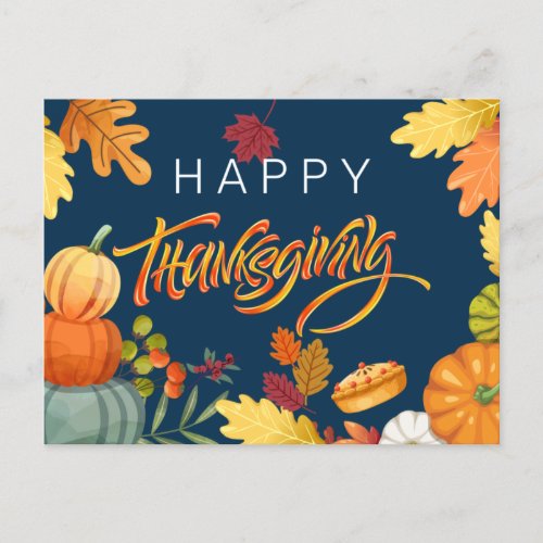 Happy Thanksgiving Pumpkins Berries and Leaves Holiday Postcard