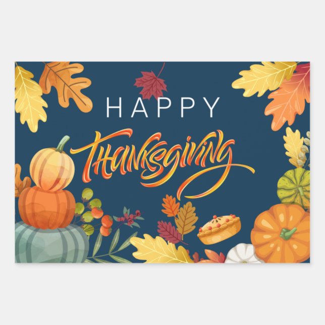 Happy Thanksgiving Pumpkins, Berries and Leaves Wrapping Paper Sheets (Front)