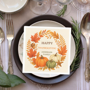 Happy Thanksgiving pumpkins fall foliage beige Napkins