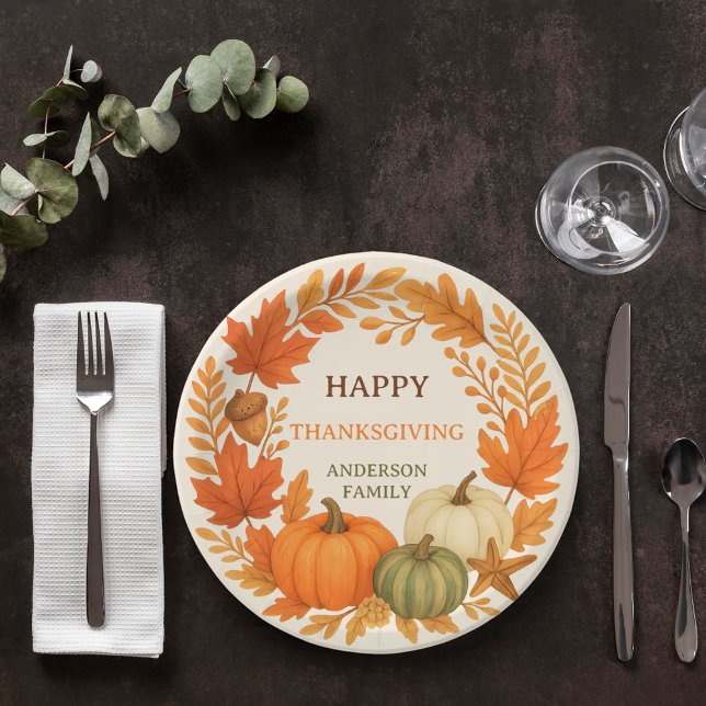 Happy Thanksgiving pumpkins fall foliage beige Paper Plates (Creator Uploaded)