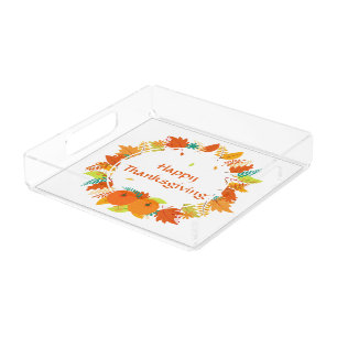 Happy Thanksgiving Pumpkins Fall Leaves Autumn Acrylic Tray